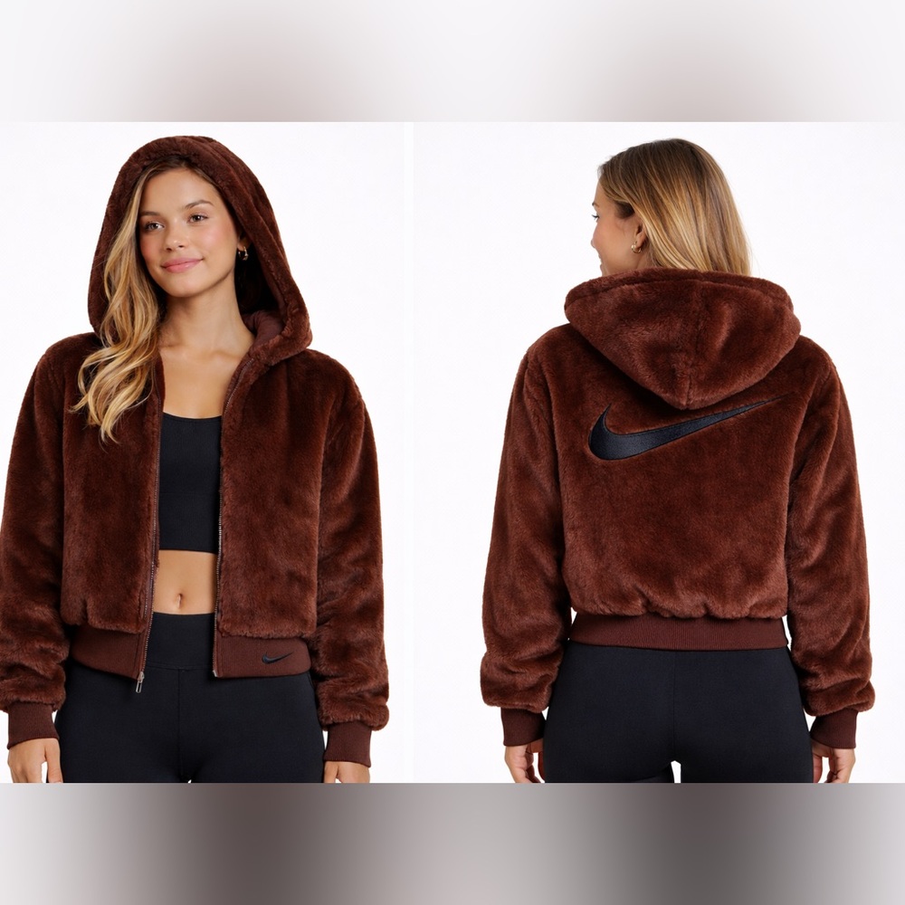 NWT Nike Faux Fur Jacket Brown Hooded Sherpa Swoosh Cozy Zip Up Size S